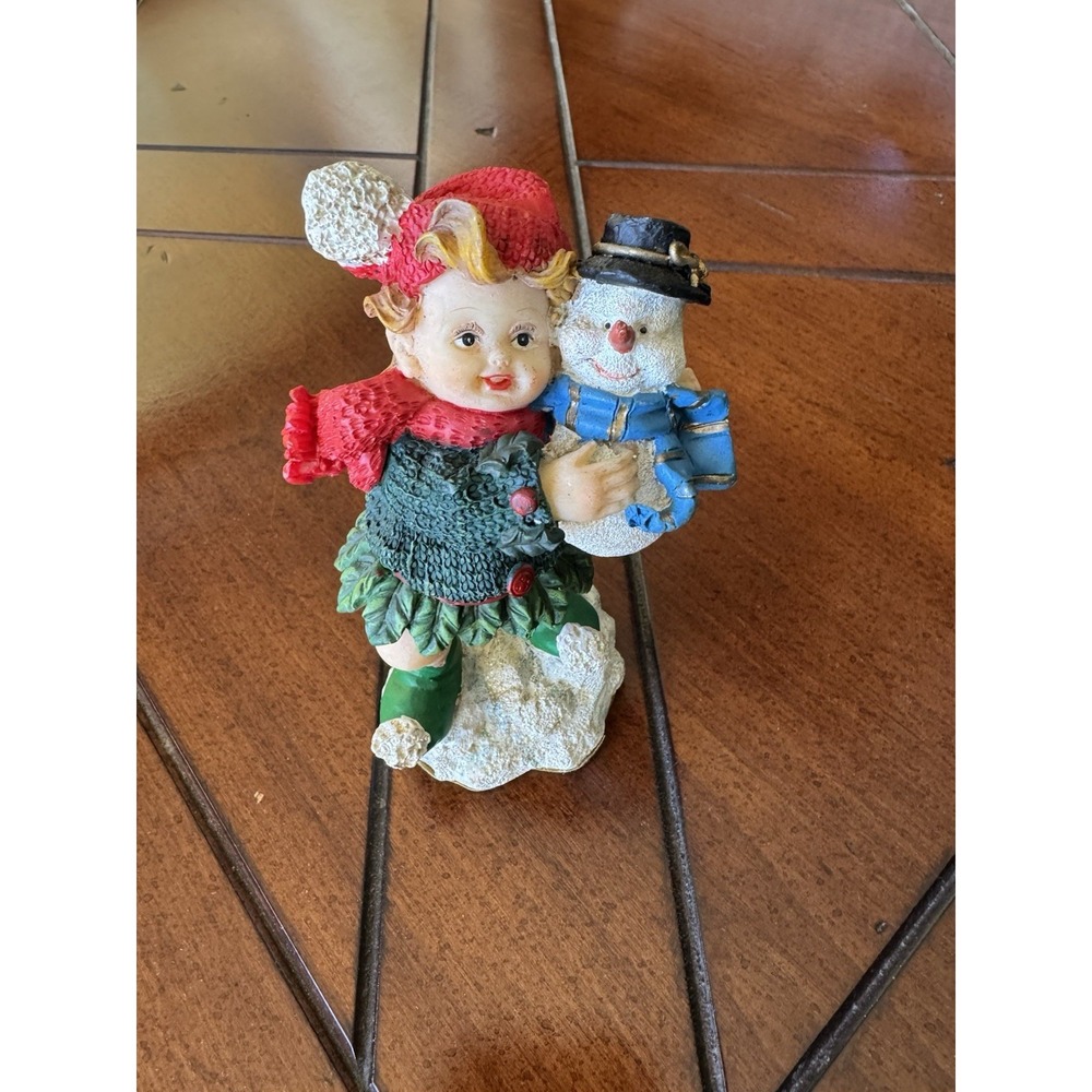K's Collection Resin Girl Skiing With Snowman Figurine